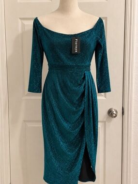 Floreya Emerald Green Glitter Off Shoulder Midi Dress XL NWT